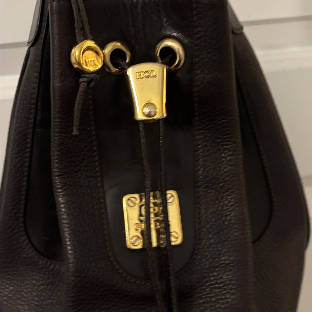 VTG HCL Dark brown 100% pebbled leather bucket crossbody bag gold accents Euro - Picture 5 of 14